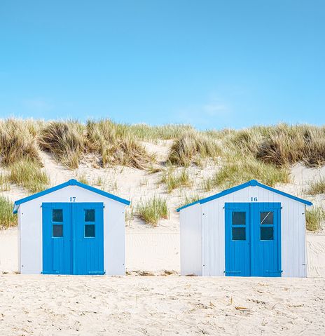 Strandhäuschen und Dünenlandschaft auf der Insel Texel