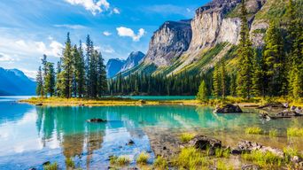 Türkisfarbener See im Jasper Nationalpark mit Felsen, Wald und Bergen