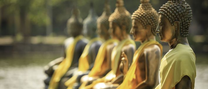Goldene Buddha-Statuen in Meditationshaltung am Seema Malaka Tempel in Colombo