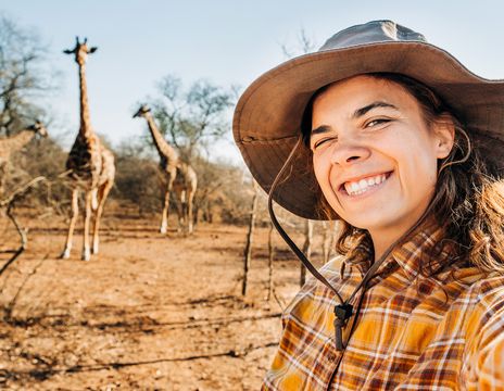 Frau macht ein Selfie mit Giraffen bei einer Safari in Südafrika