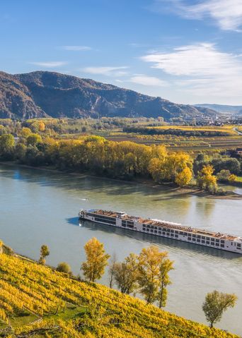 Flusskreuzfahrtschiff fährt entlang der Donau in Österreich mit Weinbergen am Ufer