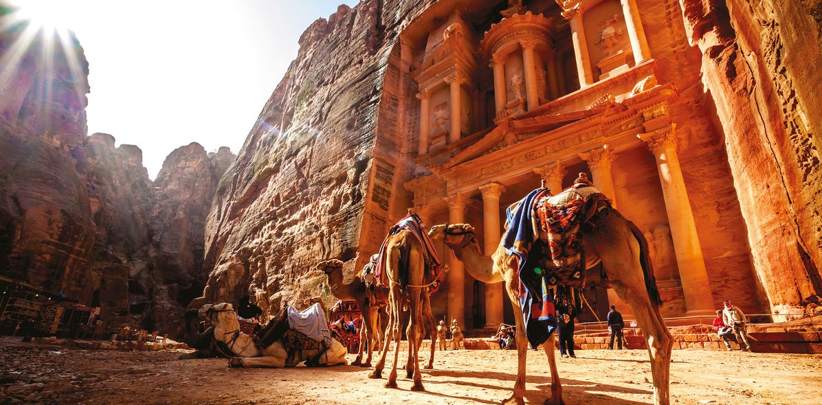 Kamele vor Schatzhaus in Petra