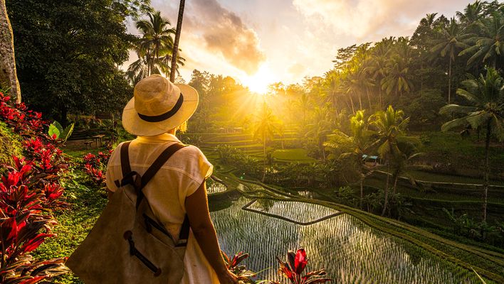Frau mit einem Sonnenhut steht vor einem Reisfeld auf Bali und genießt den Ausblick