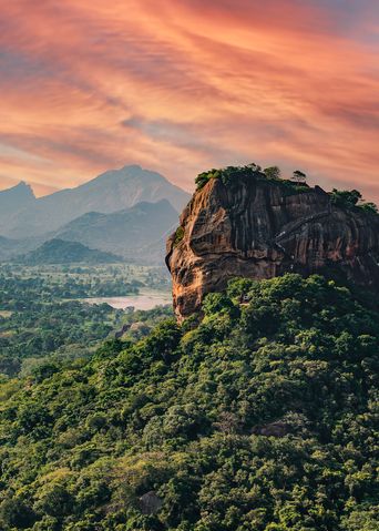 Der mächtige Löwenfelsen Sigiriya im goldenen Licht des Sonnenuntergangs, umgeben von tropischem Dschungel