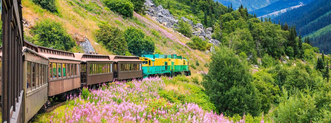 Historische Eisenbahn fährt durch grüne Berglandschaft in Alaska