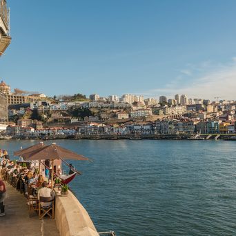 Historische Häuser und Terrassen säumen das Ufer des Douro in Porto vor einem sonnigen Stadtpanorama