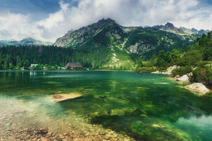 Klarer Bergsee in der Hohen Tatra mit grünen Wäldern und spiegelndem Wasser