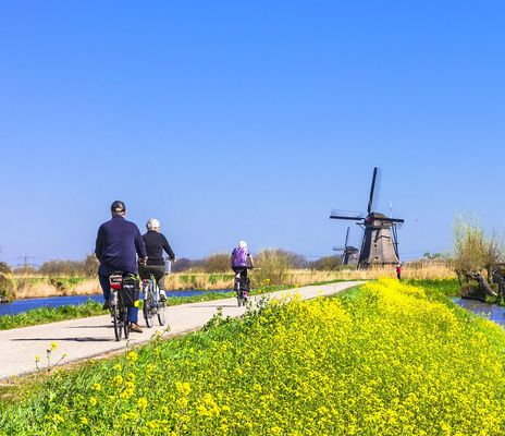 Fahrrad vor Windmühlen in Holland