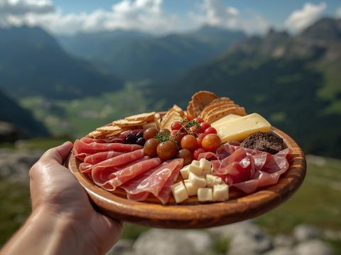 Brettljausen auf einer Buschenschenke in Österreich im Hintergrund Blick auf Bergkulisse