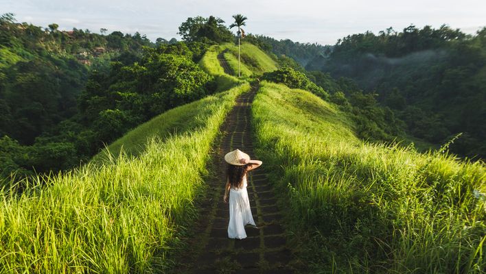 Frau spaziert durch Reisfelder in Ubud