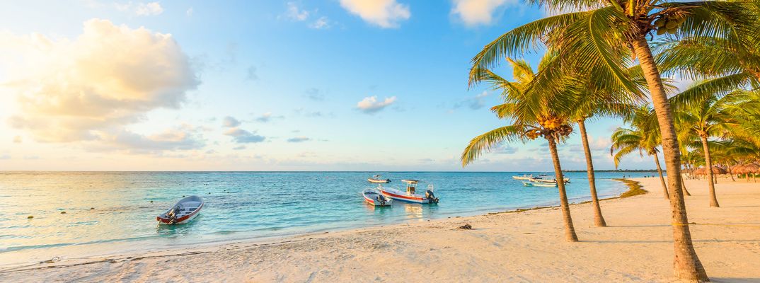 Strand von Akumal mit Palmen und hellem Sand am türkisfarbenen Meer