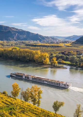 Flusskreuzfahrtschiff fährt entlang der Donau in Österreich mit Weinbergen am Ufer