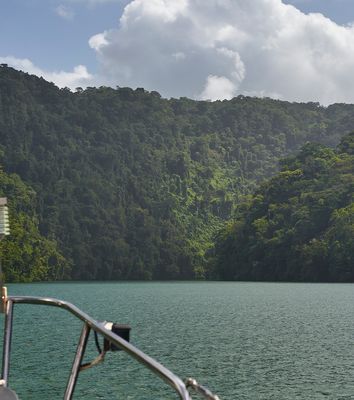 Boot auf dem Río Dulce in Guatemala umgeben von tropischer Landschaft