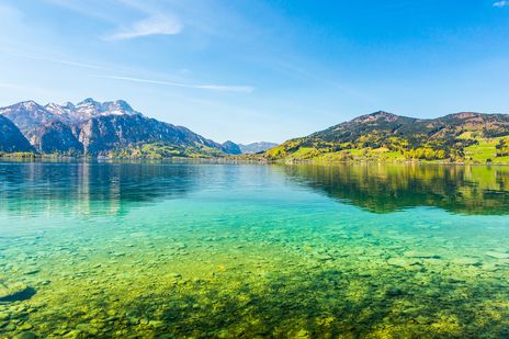 Blick auf den alpinen Attersee im Salzkammergut mit kristallklarem Wasser