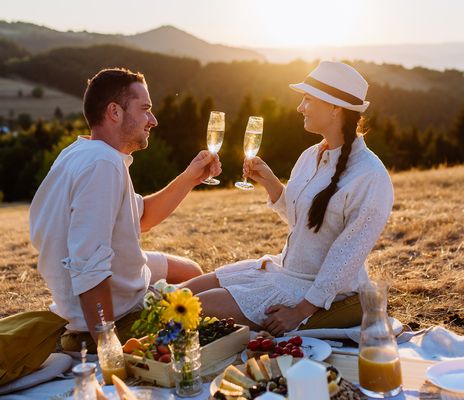 Ein Paar picknickt und trink Wein