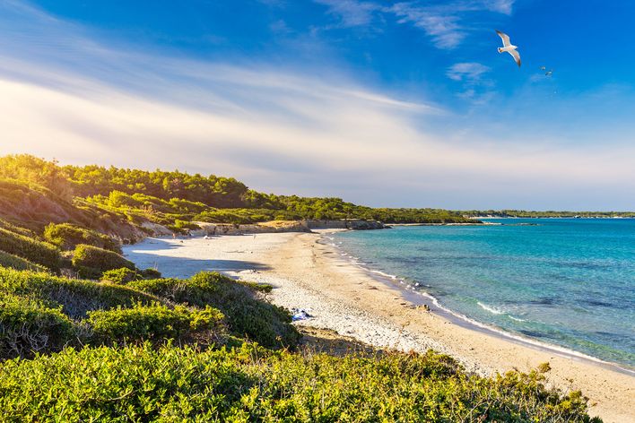 Baia dei Turchi in Apulien mit Sandstrand und türkisfarbenem Wasser