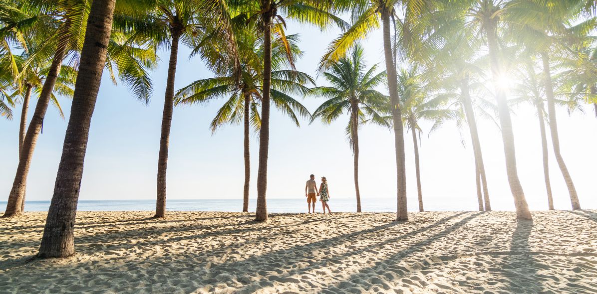 Ein Paar steht weiter weg am Strand unter Palmen und schaut sich an