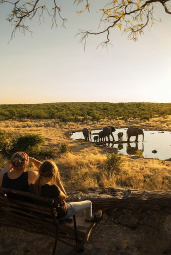Menschen beobachten Elefanten am Wasserloch in Namibia