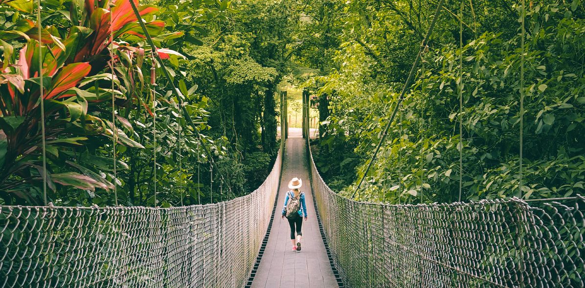 Tourist auf Hängeseilbrücke in Costa Rica, Mittelamerika