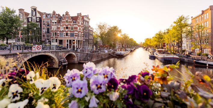Gracht mit Blumen und historischen Häusern in Amsterdam