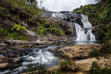 Wasserfall im Horton-Plains-Nationalpark in Sri Lanka, umgeben von üppiger tropischer Vegetation
