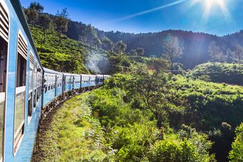 Blauer Zug fährt durch das Hochland von Sri Lanka zwischen Ella und Kandy, umgeben von grünen Teeplantagen