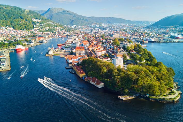 Blick auf die Stadt Bergen in Norwegen von oben