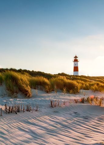 Blick vom Sandstrand aus auf Dünen und einen entfernt gelegenen Leuchtturm bei Sonnenaufgang in Sylt