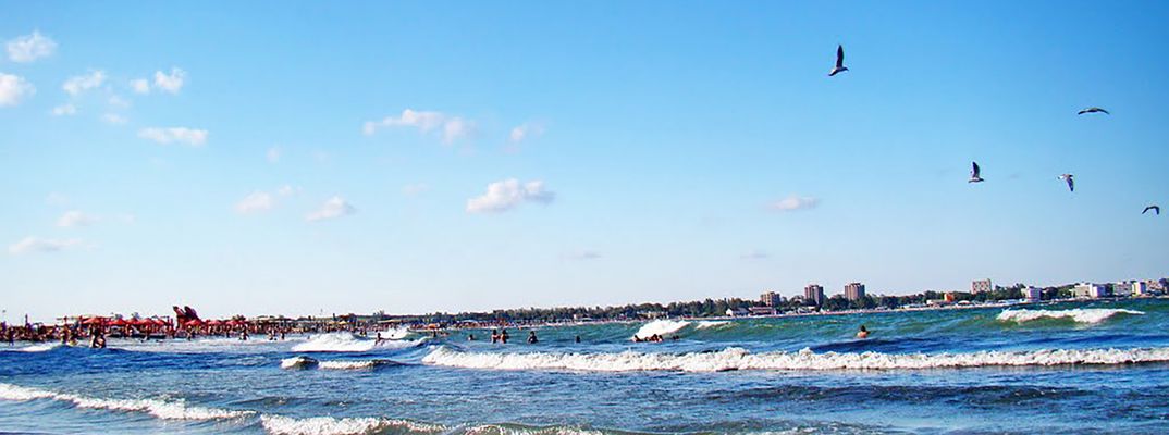 Strand am Schwarzen Meer in Rumänien mit Wellen und Möwen