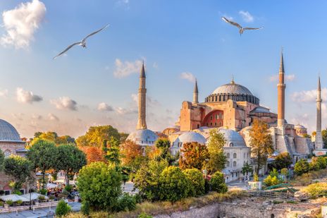 Außenansicht der Hagia Sophia in Istanbul mit Kuppeln und Möwen vor blauem Himmel