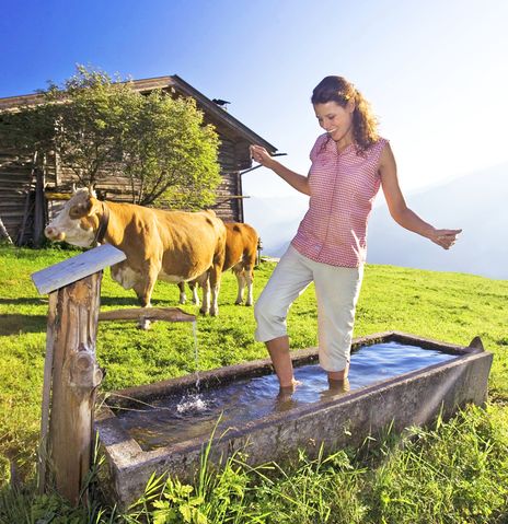 Frau steht in Wassertränke einer Kuh