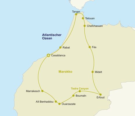 Routenkarte Marokkos Kontraste Gruppenreisen