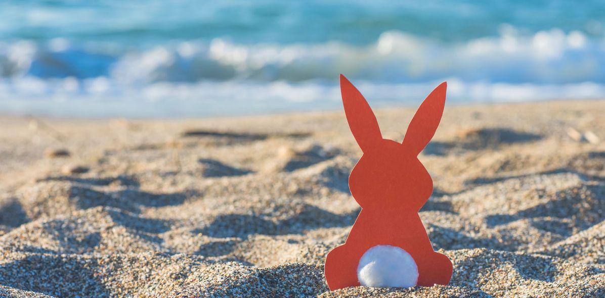 Osterhase am Strand mit Blick aufs Meer