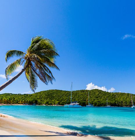 Blick auf einen Karibikstrand mit Booten in der Bucht