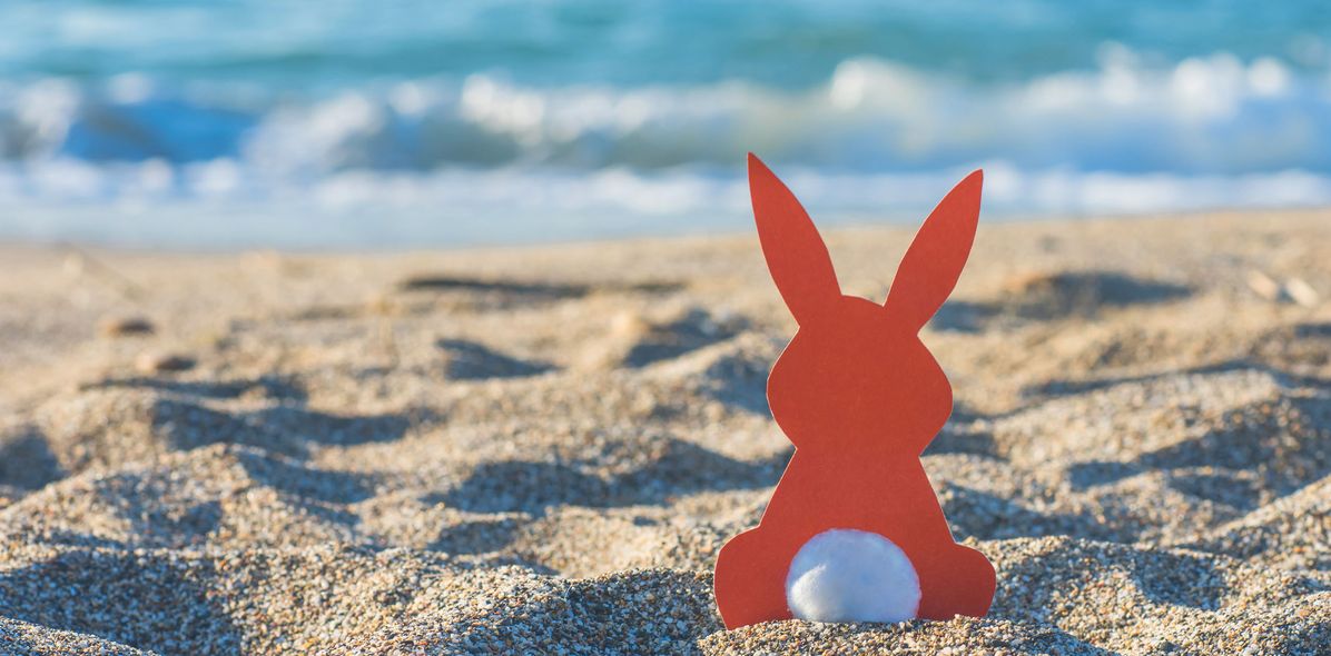 Osterhase am Strand mit Blick aufs Meer