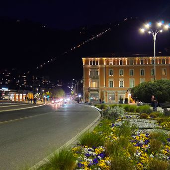 Grüne Bepflanzung in Como in der Nacht am Comer See, Italien