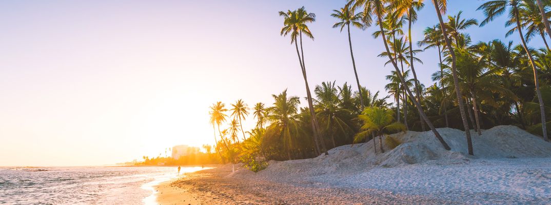 Sonnenuntergang an einem Palmenstrand in der Dominikanischen Republik mit weißem Sand und ruhigem Meer