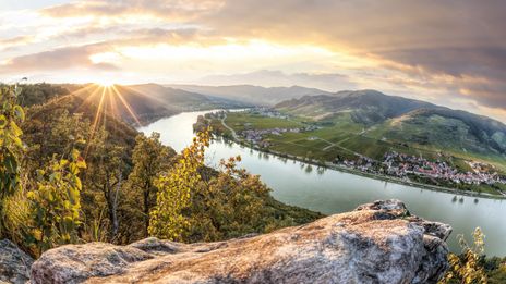 Panorama der Wachau (UNESCO-Weltkulturerbe) mit Blick auf die Donau im Sonnenuntergang