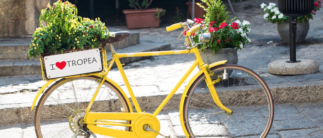 Ein gelbes Fahrrad was abgestellt auf einer Straße steht mit der Aufschrift Tropea auf dem Gepäckträger