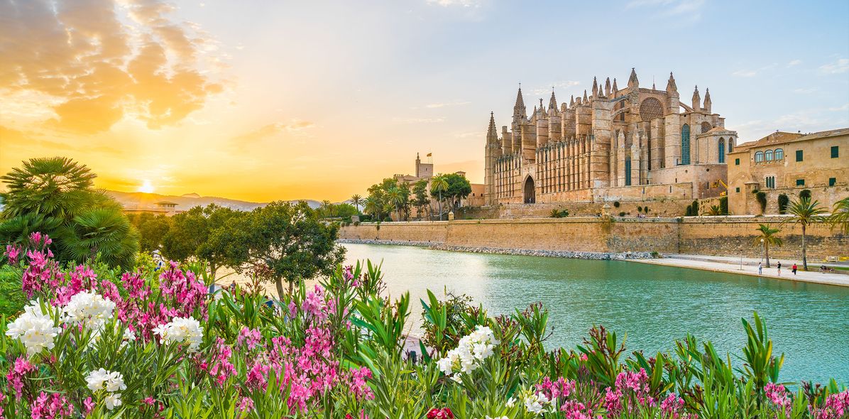 Kathedrale mit Blumen bei Sonnenuntergang