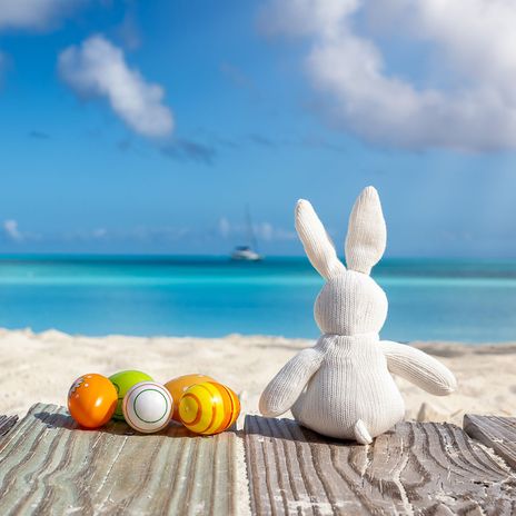 Osterhase mit Ostereiern am Strand