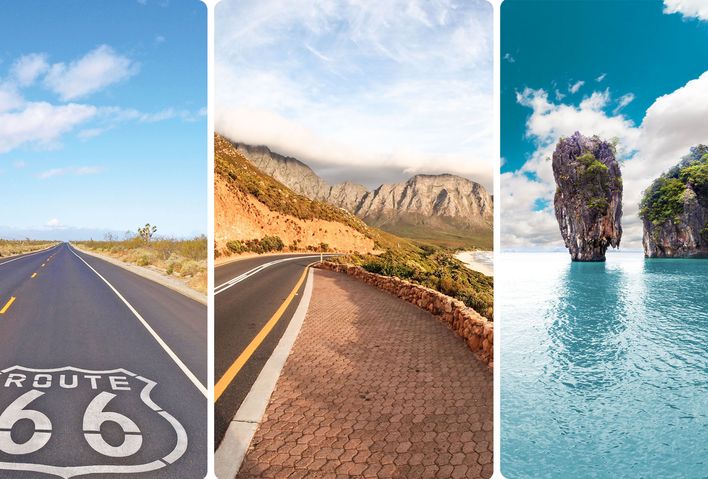 Collage mit drei Bildern: USA Westküste, Südafrika Garden Route und Kalksteinfelsen in Thailand