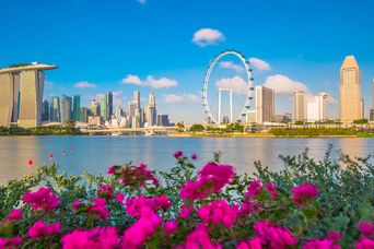 Blick auf die Skyline von Singapur mit farbenfrohen Blumen im Vordergrund