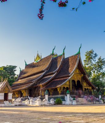 Traditioneller Tempel in Luang Prabang mit kunstvoller Architektur und Palmen