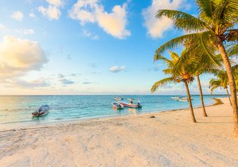 Strand von Akumal mit Palmen und hellem Sand am türkisfarbenen Meer