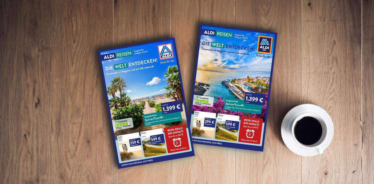 Titelblätter des ALDI Reisemagazins Nord & Süd vom Mai 2026 auf einem Tisch neben einer Tasse Kaffee