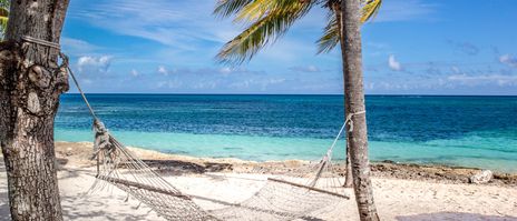 Hängematte an Palmen an einem weißen Sandstrand in Holguín H