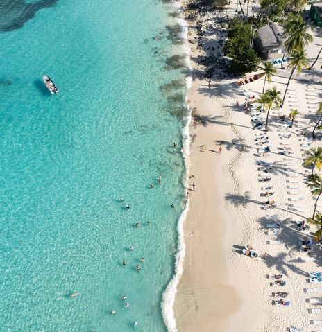 Blick auf türkisblauen Karibikstrand mit Palmen und weißem Sand