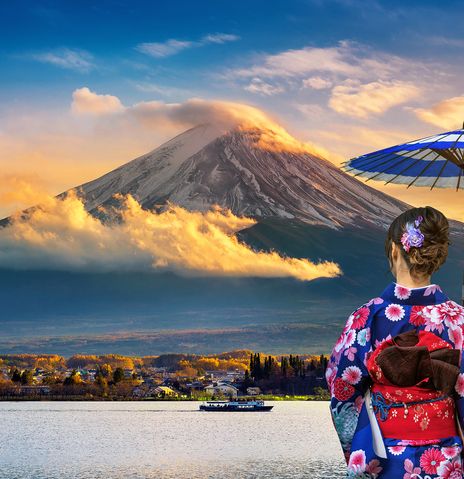 Eine Frau im Kimono vor dem Fuji