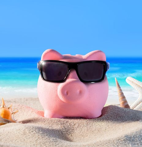 Sparschwein im Sand mit Muscheln